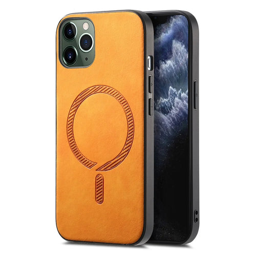 For iPhone 11 Pro Leather Back Case Compatible with MagSafe Skin-touch Phone Cover - Yellow - 1