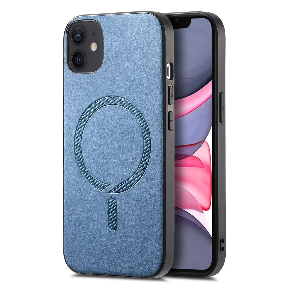 For iPhone 11 Leather Back Case Compatible with MagSafe Skin-touch Phone Cover - Blue - 1