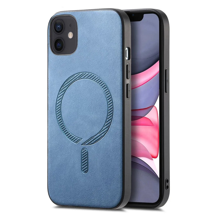 For iPhone 11 Leather Back Case Compatible with MagSafe Skin-touch Phone Cover - Blue - 1