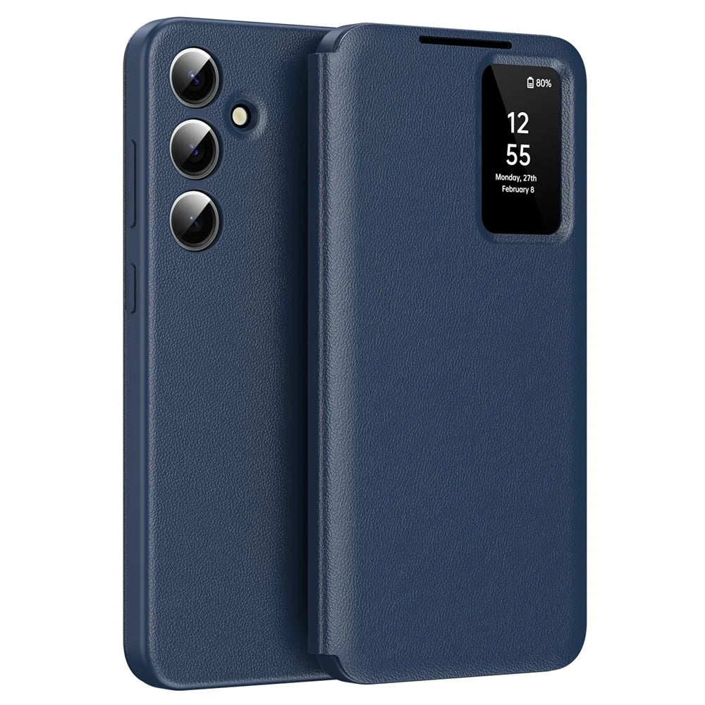 For Samsung Galaxy S25 Case with Card Holder Smart View Window PU Leather+PC+TPU Phone Cover - Sapphire - 1