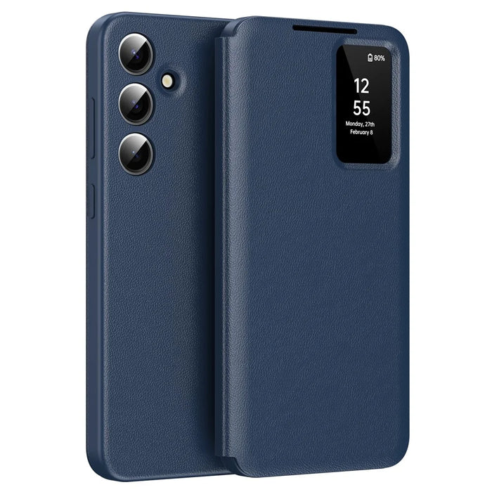For Samsung Galaxy S25 Case with Card Holder Smart View Window PU Leather+PC+TPU Phone Cover - Sapphire - 1