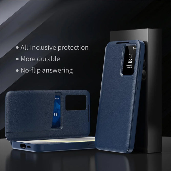 For Samsung Galaxy S25 Case with Card Holder Smart View Window PU Leather+PC+TPU Phone Cover - Sapphire - 2