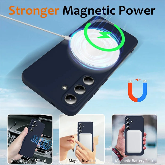 For Samsung Galaxy S25+ Magnetic Case Liquid Silicone Phone Cover with Lanyard - Dark Blue - 4