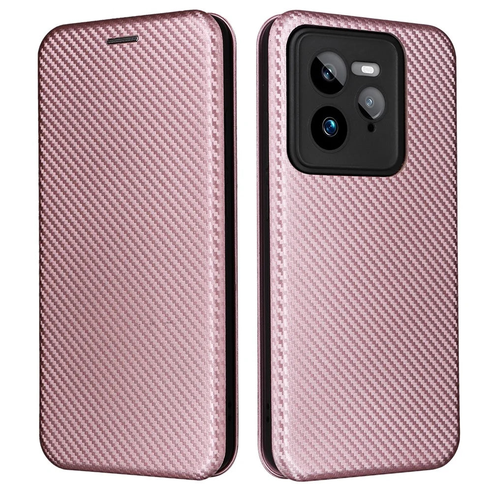 For Realme GT 7 Pro 5G Case Carbon Fiber Texture Drop-Proof PU Leather Phone Cover - Rose Gold - 1