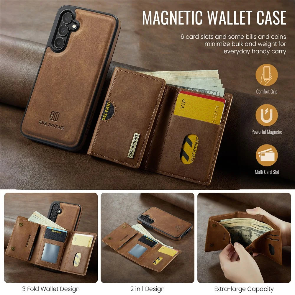 DG.MING M6 Series For Samsung Galaxy S25 Case Magnetic Wallet PU + PC + TPU Phone Cover - Brown - 6