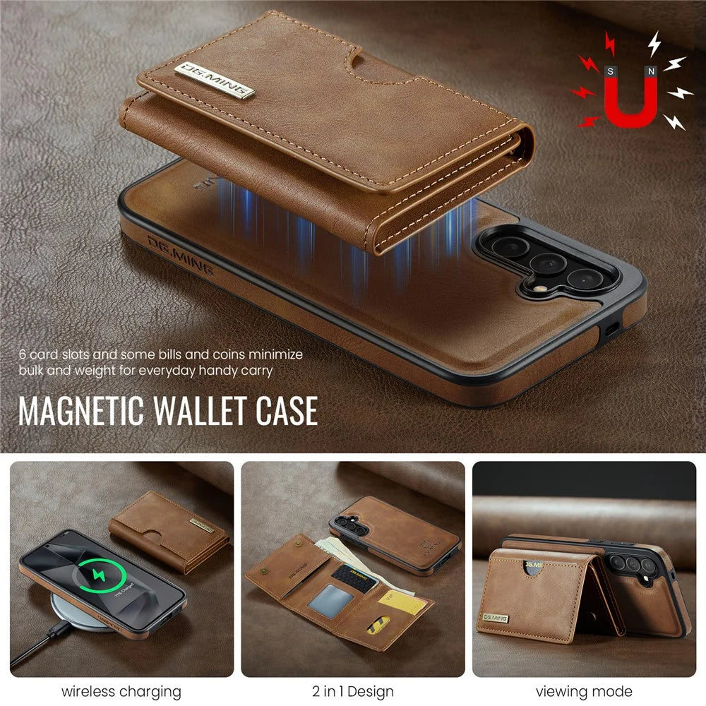DG.MING M6 Series For Samsung Galaxy S25 Case Magnetic Wallet PU + PC + TPU Phone Cover - Brown - 7