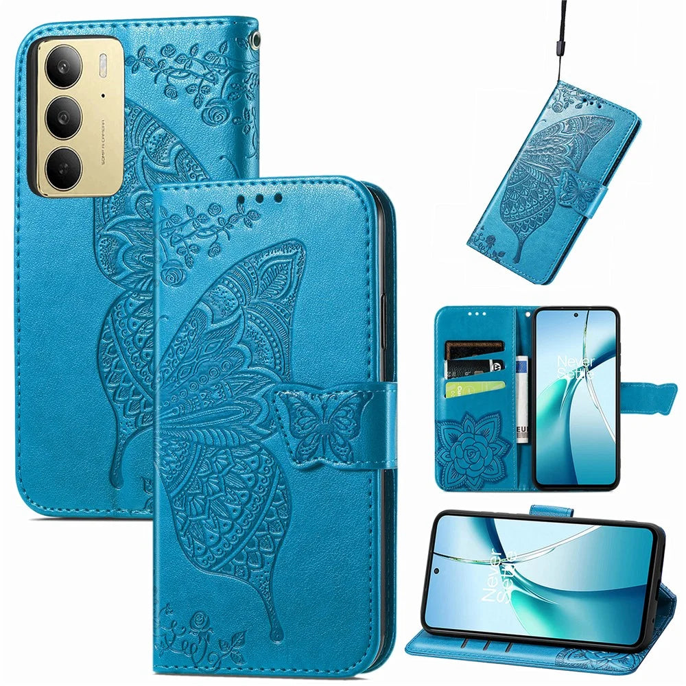 For Realme C75 4G Case with Strap Butterfly Pattern PU Leather Wallet Phone Cover - Blue - 1