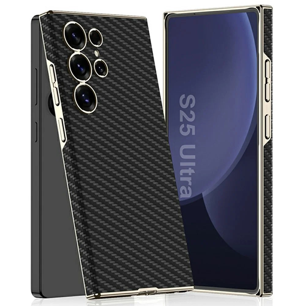 GKK For Samsung Galaxy S23 Ultra Case Electroplated PU + PC Phone Back Cover - Carbon Fiber Texture - 1