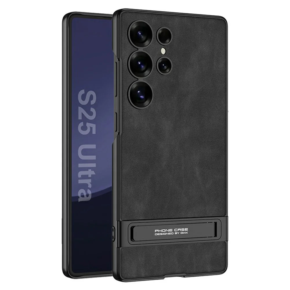 GKK For Samsung Galaxy S25 Ultra Case Matte Leather Coated PC Slim Phone Cover with Kickstand - Matte Black - 1