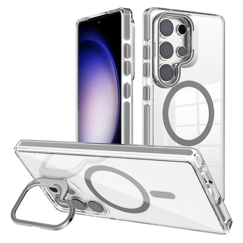 For Samsung Galaxy S25 Ultra Magnetic Case TPU + PC Phone Cover with Lens Kickstand - Grey - 1