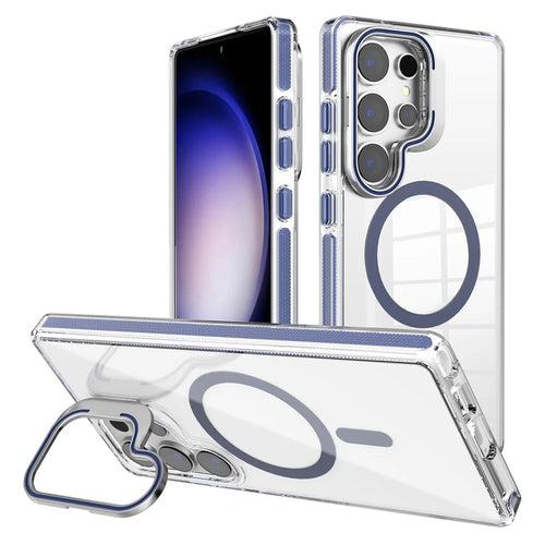 For Samsung Galaxy S24 Ultra Magnetic Case TPU + PC Phone Cover with Lens Kickstand - Sapphire - 1