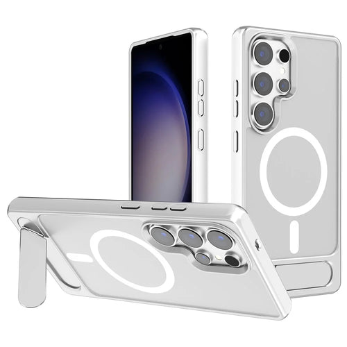 For Samsung Galaxy S23 Ultra Magnetic Case Kickstand TPU + PC Matte Phone Cover - Silver - 1