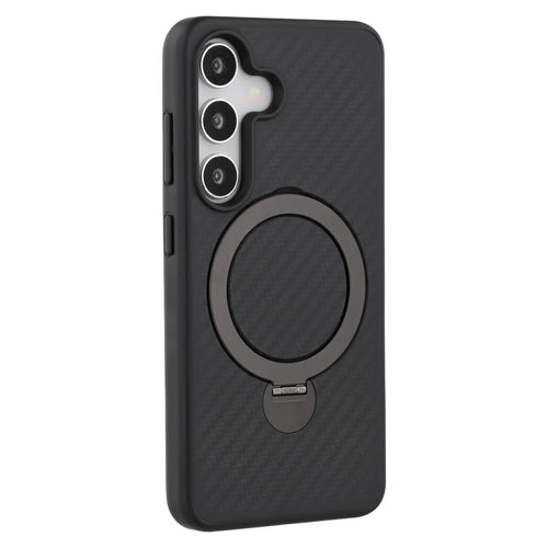 For Samsung Galaxy S25 Magnetic Case TPU+PC Carbon Fiber Texture Phone Cover Rotatable Ring Holder - 1