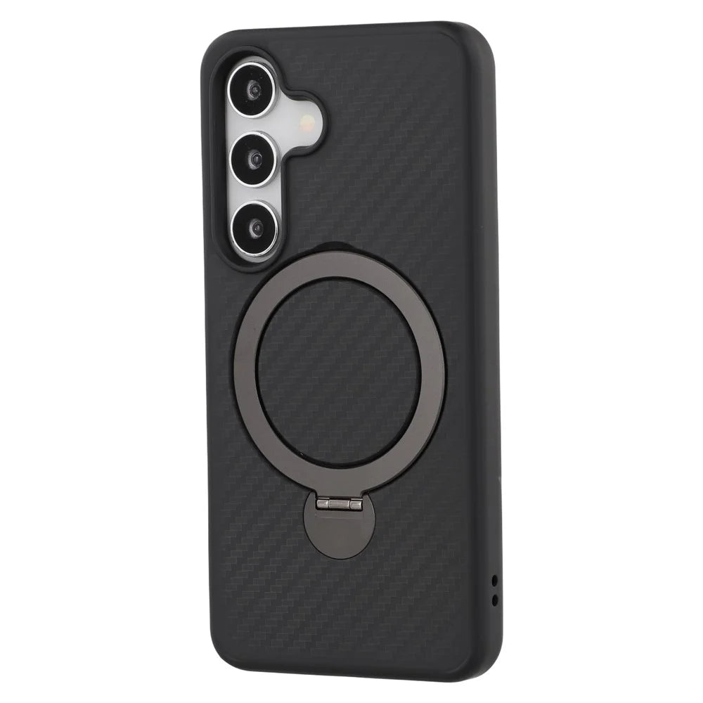 For Samsung Galaxy S25 Magnetic Case TPU+PC Carbon Fiber Texture Phone Cover Rotatable Ring Holder - 3