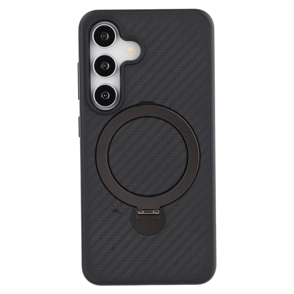 For Samsung Galaxy S25 Magnetic Case TPU+PC Carbon Fiber Texture Phone Cover Rotatable Ring Holder - 4