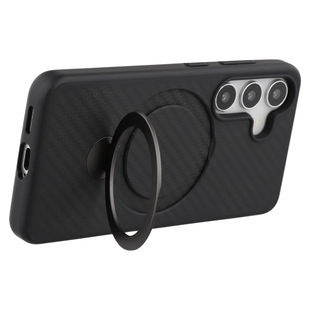 For Samsung Galaxy S25 Magnetic Case TPU+PC Carbon Fiber Texture Phone Cover Rotatable Ring Holder - 5