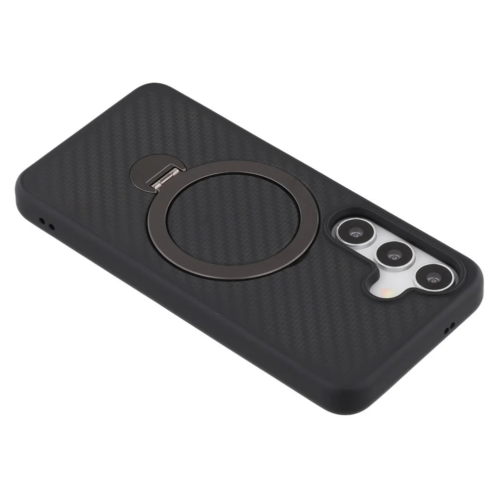 For Samsung Galaxy S25 Magnetic Case TPU+PC Carbon Fiber Texture Phone Cover Rotatable Ring Holder - 6