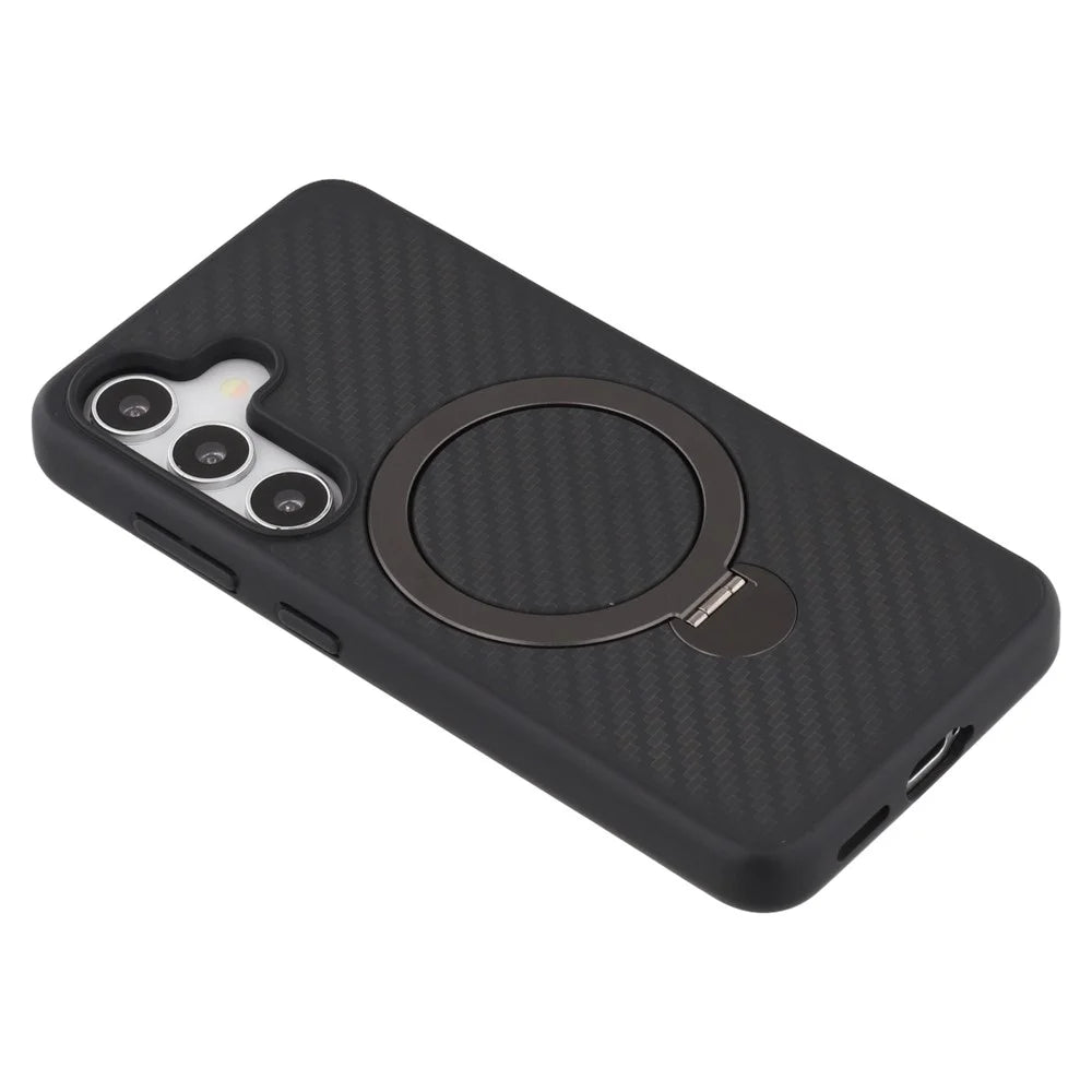 For Samsung Galaxy S25 Magnetic Case TPU+PC Carbon Fiber Texture Phone Cover Rotatable Ring Holder - 7
