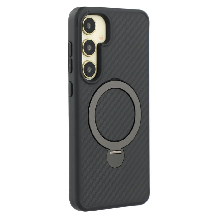 For Samsung Galaxy S25+ Magnetic Case TPU+PC Carbon Fiber Texture Phone Cover Rotatable Ring Holder - 1