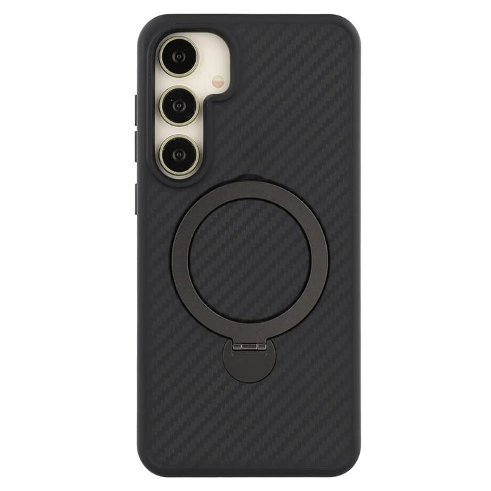For Samsung Galaxy S25+ Magnetic Case TPU+PC Carbon Fiber Texture Phone Cover Rotatable Ring Holder - 4