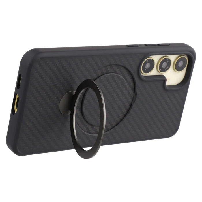 For Samsung Galaxy S25+ Magnetic Case TPU+PC Carbon Fiber Texture Phone Cover Rotatable Ring Holder - 5