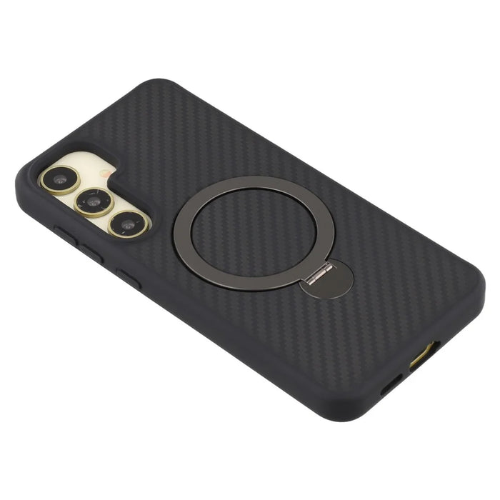 For Samsung Galaxy S25+ Magnetic Case TPU+PC Carbon Fiber Texture Phone Cover Rotatable Ring Holder - 6