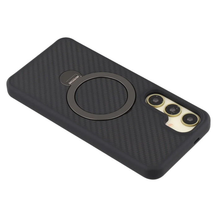 For Samsung Galaxy S25+ Magnetic Case TPU+PC Carbon Fiber Texture Phone Cover Rotatable Ring Holder - 7