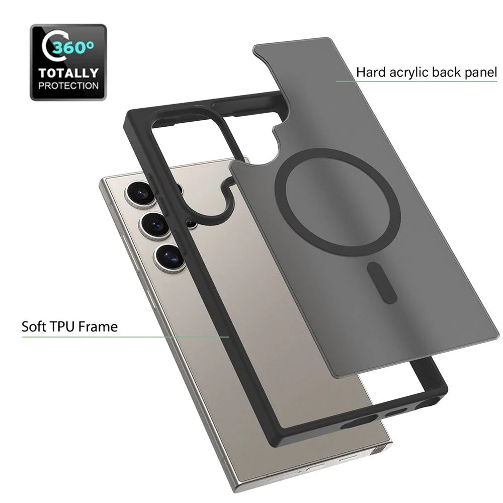 For Samsung Galaxy S24 Ultra Magnetic Case TPU Frame Acrylic Back Phone Cover Skin Touch - Black - 4