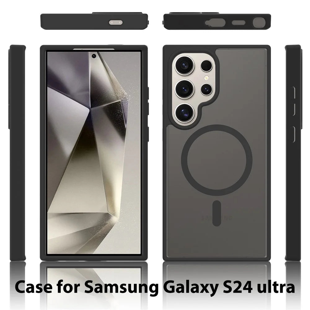For Samsung Galaxy S24 Ultra Magnetic Case TPU Frame Acrylic Back Phone Cover Skin Touch - Black - 6