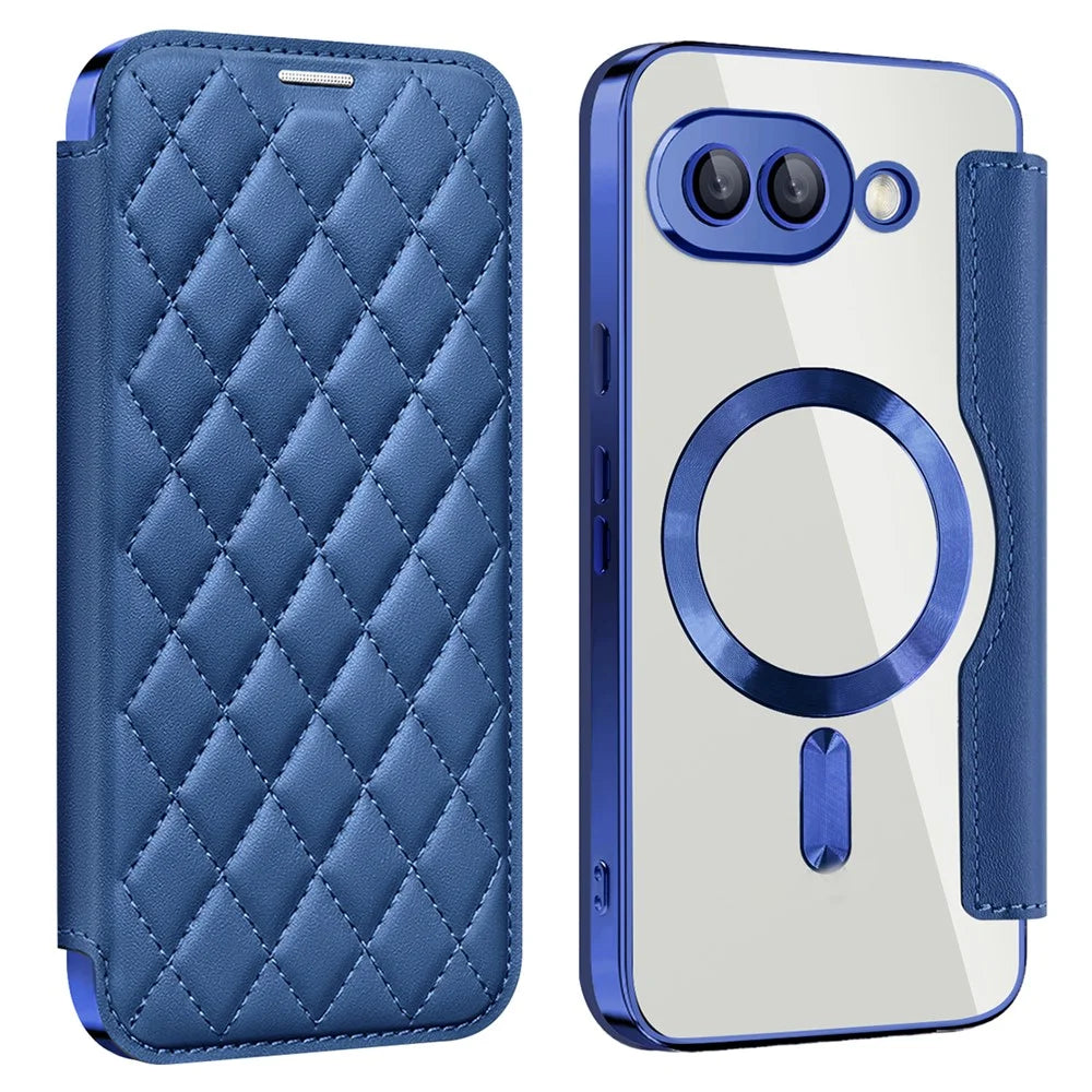 For Google Pixel 9a Magnetic Case Rhombus PU Leather Phone Cover - Sapphire - 1