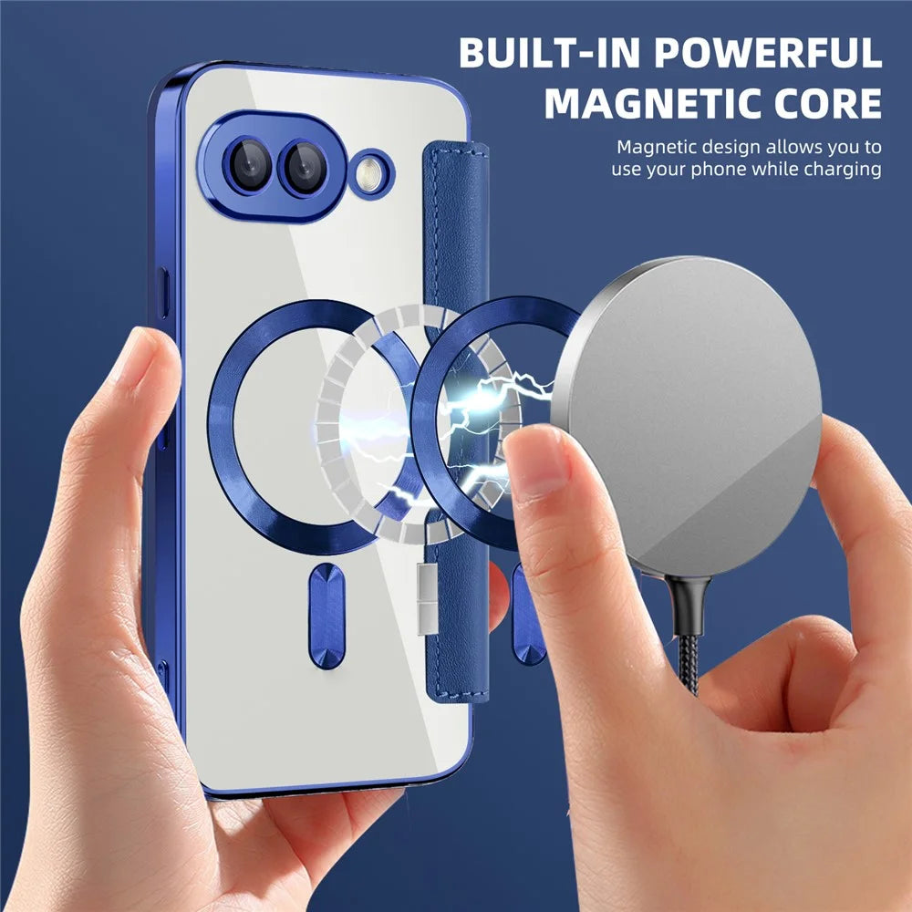 For Google Pixel 9a Magnetic Case Rhombus PU Leather Phone Cover - Sapphire - 4