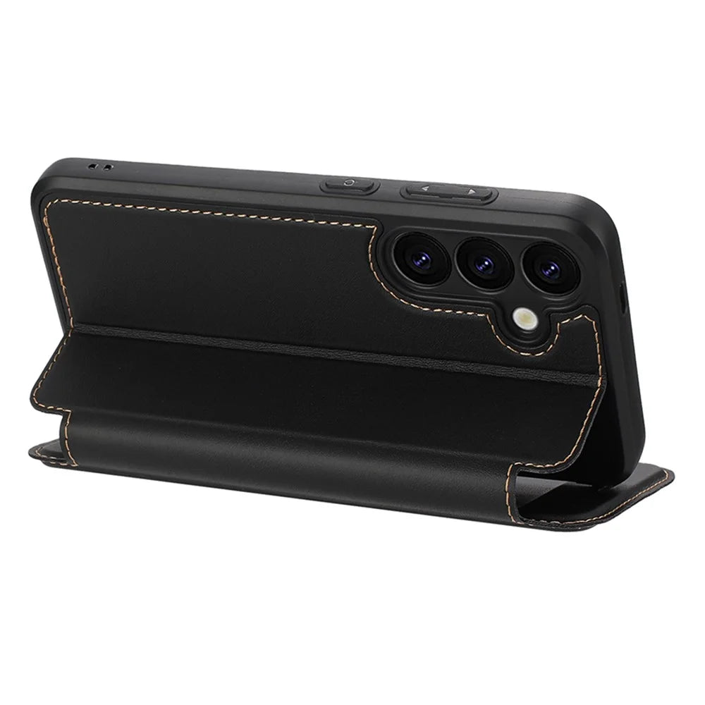 For Samsung Galaxy S25 Case Magnetic Closure Card Slot Leather Flip Phone Cover - Black - 3