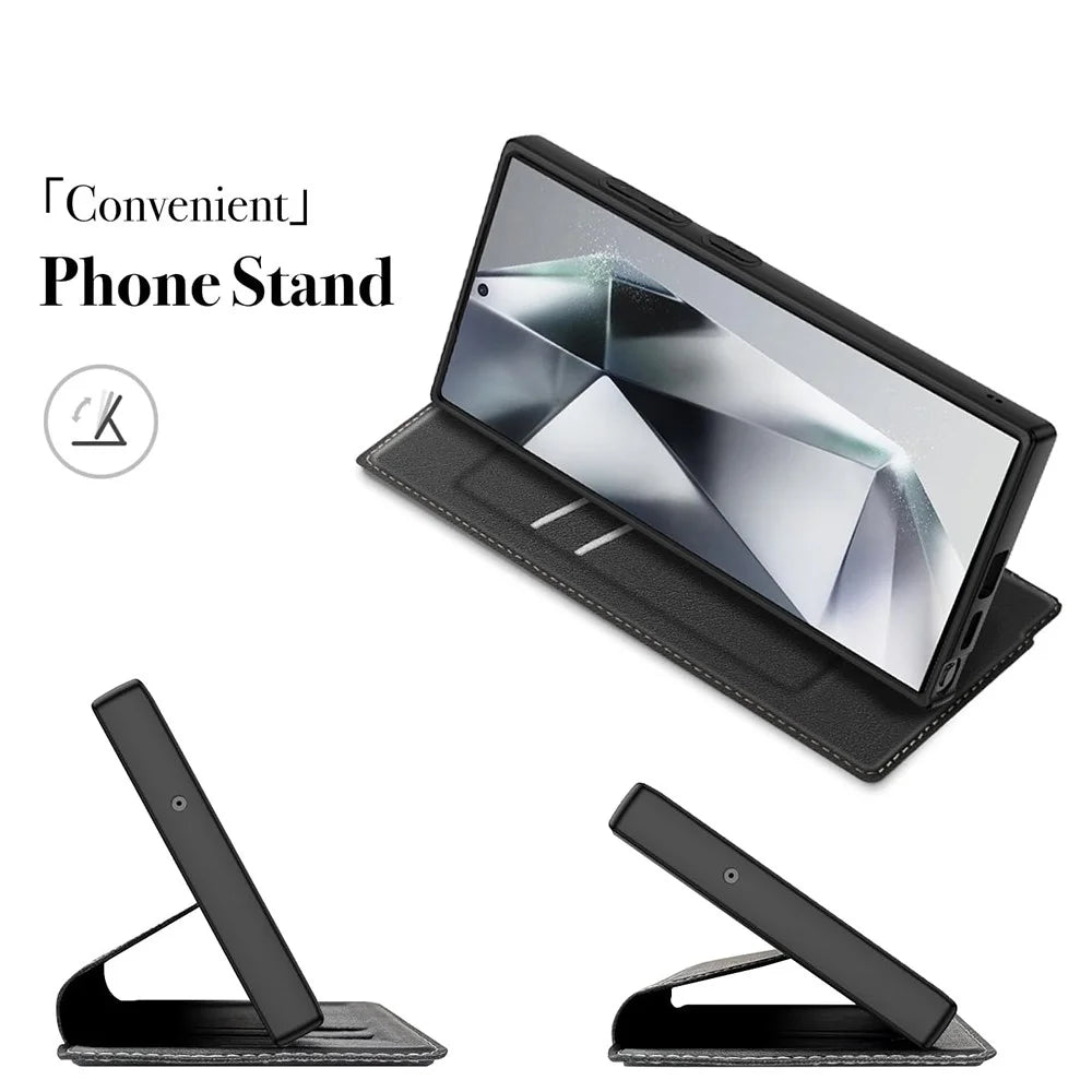 For Samsung Galaxy S25 Ultra Case Magnetic Closure Card Slot Leather Flip Phone Cover - Black - 5
