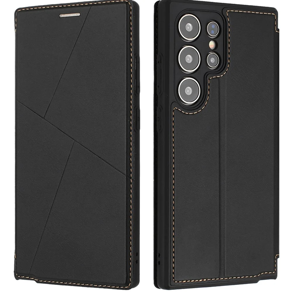 For Samsung Galaxy S23 Ultra Case Magnetic Closure Card Slot Leather Flip Phone Cover - Black - 1