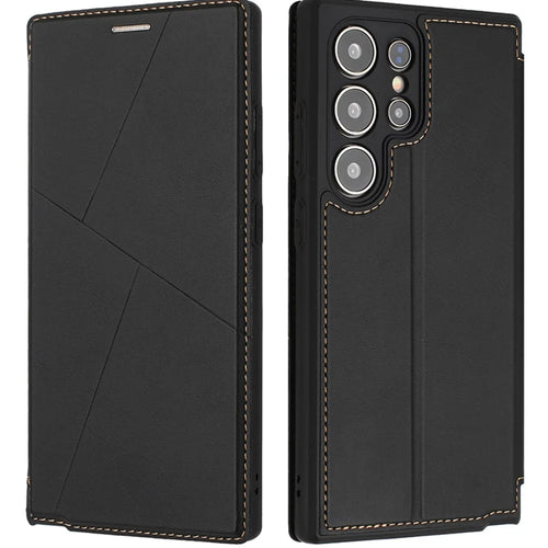 For Samsung Galaxy S23 Ultra Case Magnetic Closure Card Slot Leather Flip Phone Cover - Black - 1