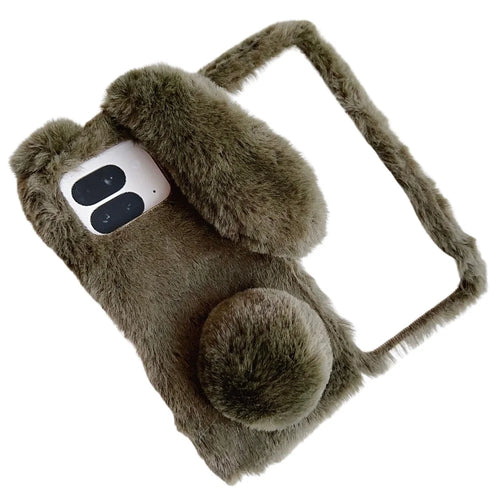 For Google Pixel 9 Pro Fold 5G Case Bunny Ears Winter Plush Hard PC Phone Cover - Dark Brown - 1