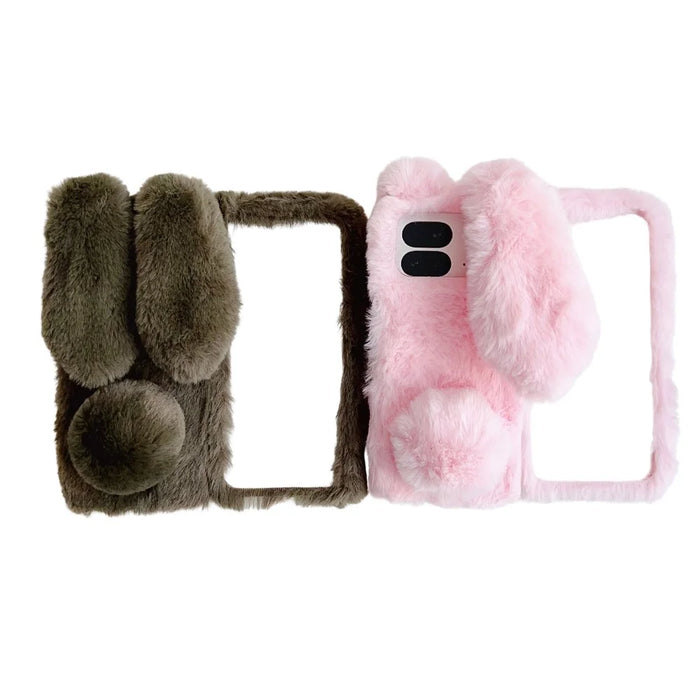 For Google Pixel 9 Pro Fold 5G Case Bunny Ears Winter Plush Hard PC Phone Cover - Dark Brown - 7
