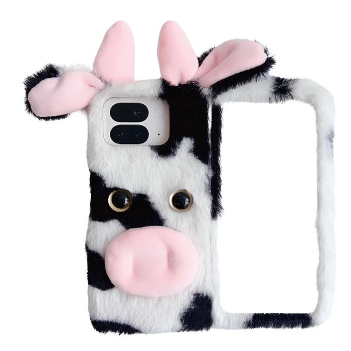 For Google Pixel 9 Pro Fold 5G Case Fluffy Cute Cow Winter Plush Inner TPU Phone Cover - Black - 1
