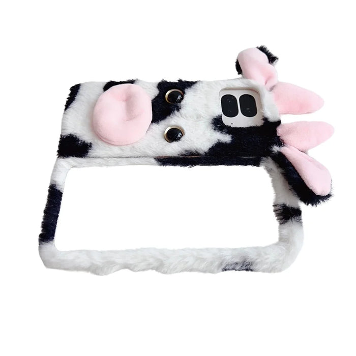 For Google Pixel 9 Pro Fold 5G Case Fluffy Cute Cow Winter Plush Inner TPU Phone Cover - Black - 2