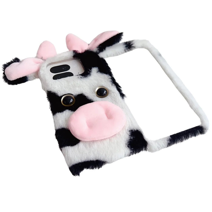 For Google Pixel 9 Pro Fold 5G Case Fluffy Cute Cow Winter Plush Inner TPU Phone Cover - Black - 3