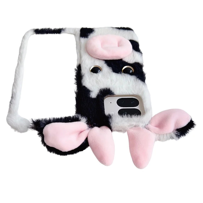 For Google Pixel 9 Pro Fold 5G Case Fluffy Cute Cow Winter Plush Inner TPU Phone Cover - Black - 5