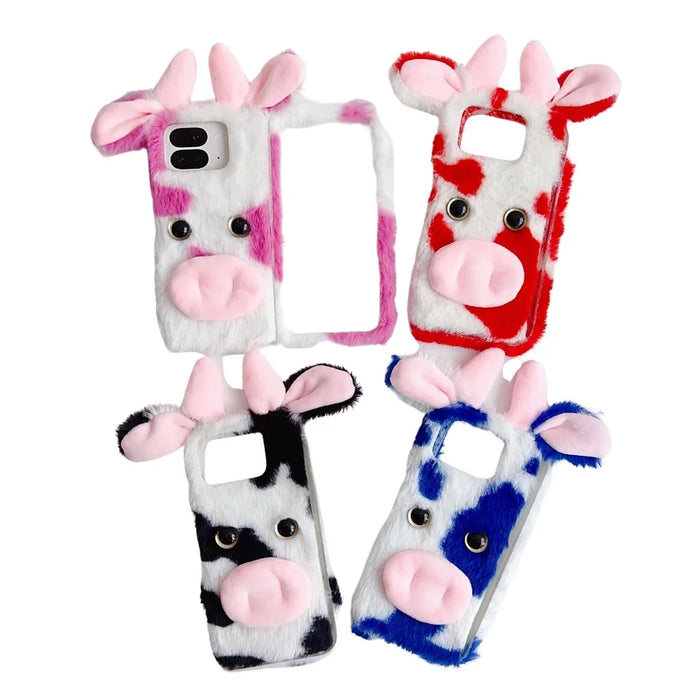 For Google Pixel 9 Pro Fold 5G Case Fluffy Cute Cow Winter Plush Inner TPU Phone Cover - Black - 6