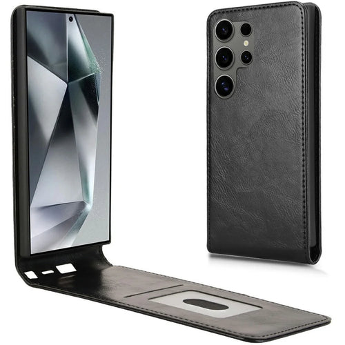 For Samsung Galaxy S24 Ultra Case with Card Slot Magnetic Vertical Flip Leather Phone Cover - Black - 1