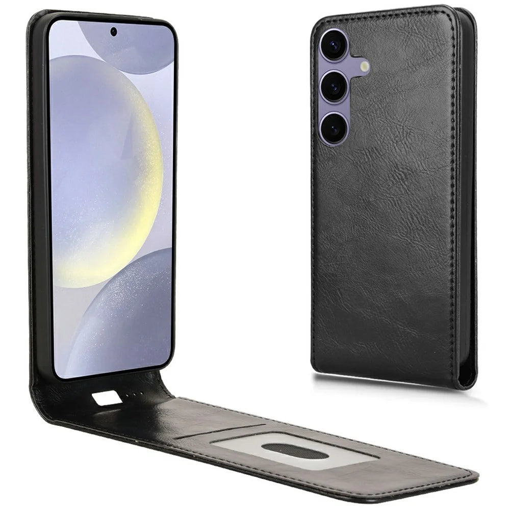 For Samsung Galaxy S24 Case with Card Slot Magnetic Vertical Flip Leather Phone Cover - Black - 1