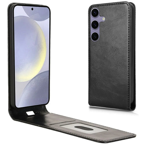 For Samsung Galaxy S24 Case with Card Slot Magnetic Vertical Flip Leather Phone Cover - Black - 1