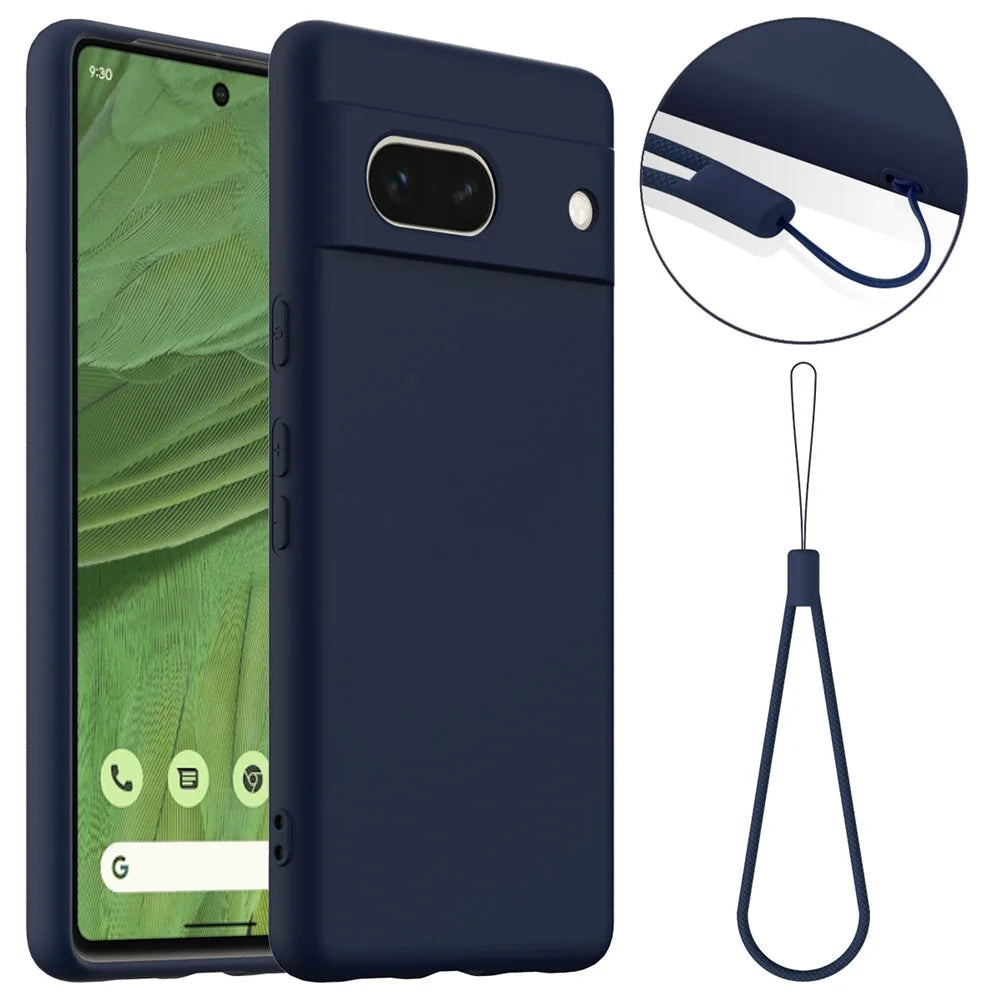 For Google Pixel 7a Magnetic Case Liquid Silicone Phone Cover with Lanyard - Dark Blue - 1