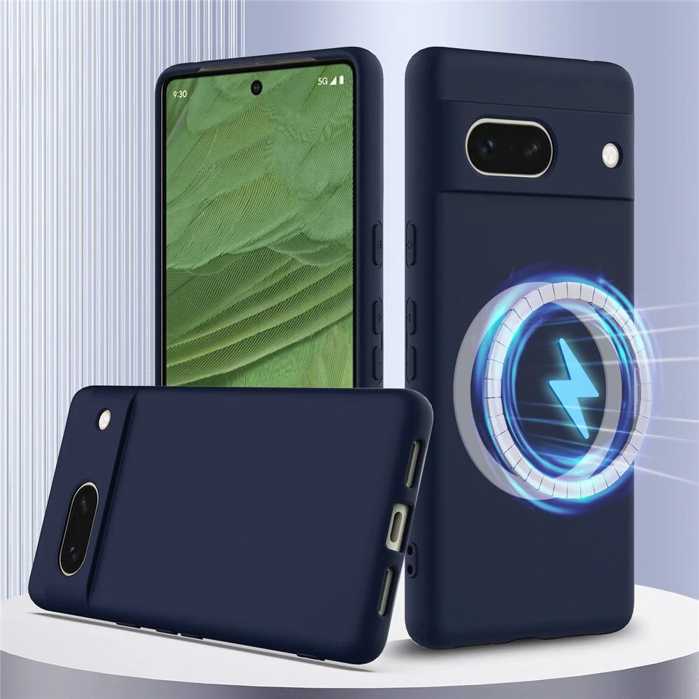 For Google Pixel 7a Magnetic Case Liquid Silicone Phone Cover with Lanyard - Dark Blue - 2