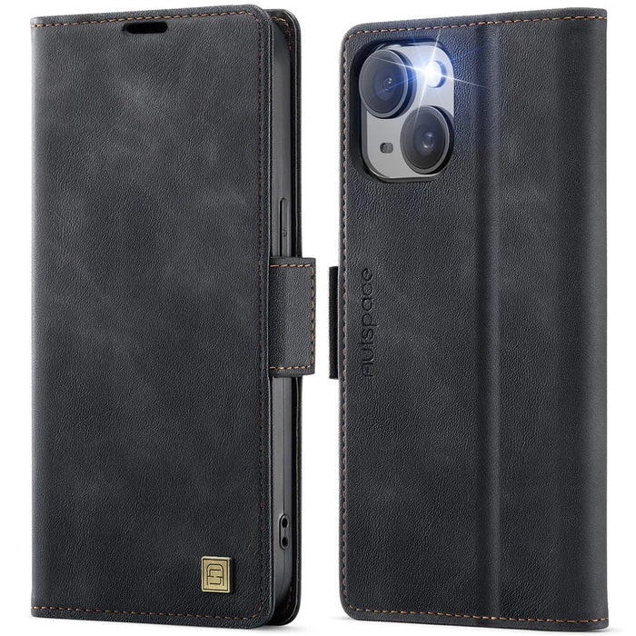 AUTSPACE For iPhone 15 Plus Case  A11 RFID Blocking Retro Leather Cell Phone Wallet Cover - Black - 1