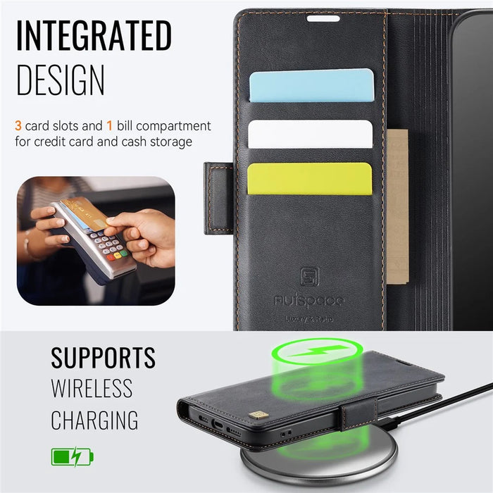 AUTSPACE For iPhone 15 Plus Case  A11 RFID Blocking Retro Leather Cell Phone Wallet Cover - Black - 4