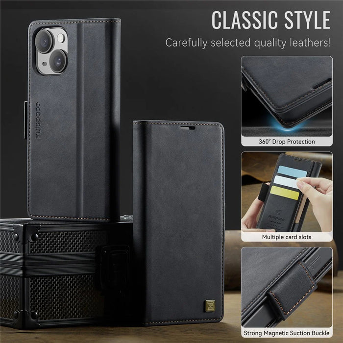 AUTSPACE For iPhone 15 Plus Case  A11 RFID Blocking Retro Leather Cell Phone Wallet Cover - Black - 7